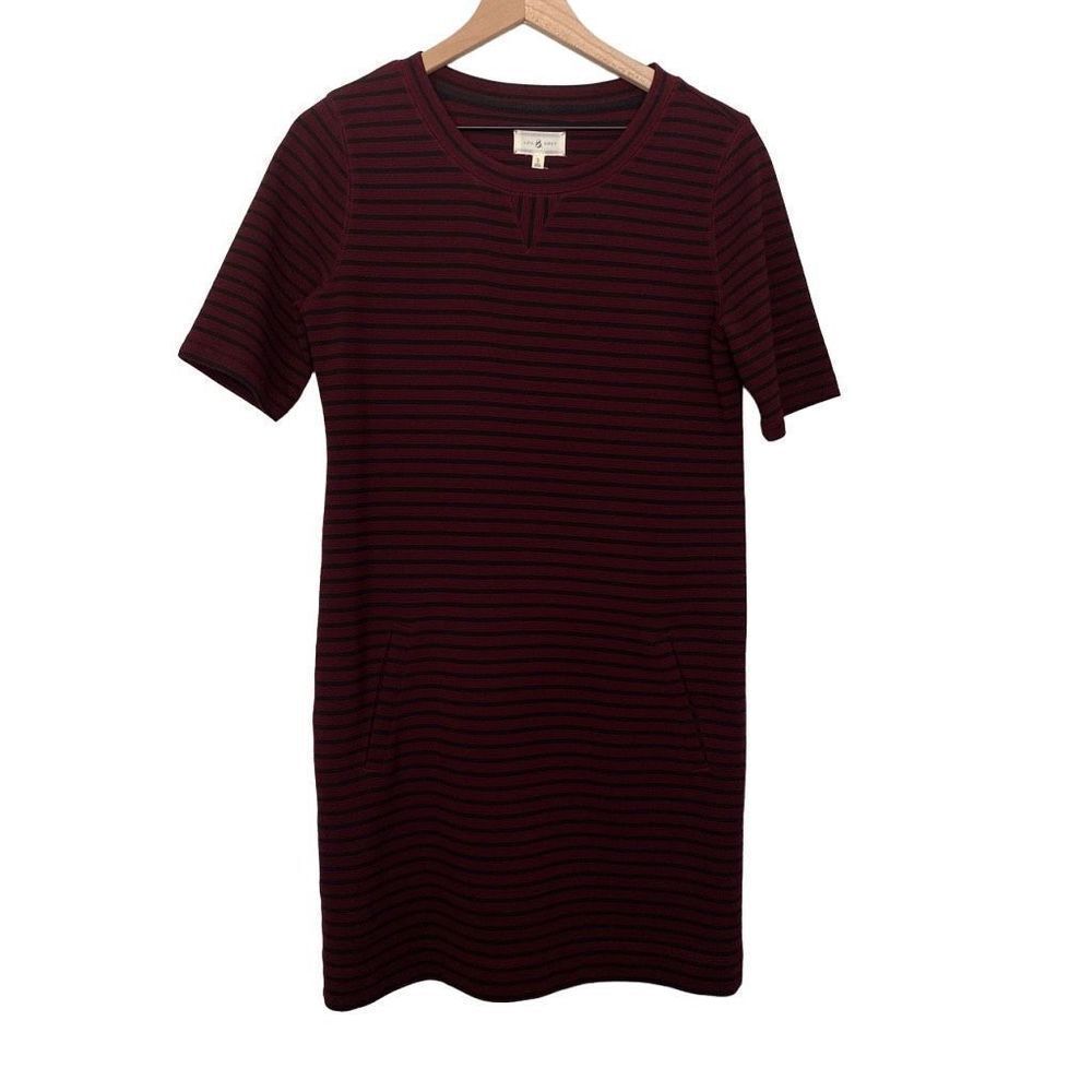 Lou & Grey Small Wine Purple Black Stripe Dress Short Sleeve Stretchy Comfort